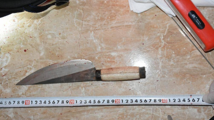 Tin lời, chiều tối 16/2/2020 chị P đến nhà nghỉ, lên phòng mà Hiền thuê như đã hẹn. Khi vào tới nơi, Hiền lập tức dùng dao đâm 5 nhát làm chị P tử vong tại chỗ. Gây án xong, Hiền mở chai thuốc trừ sâu uống hết rồi bỏ đi. Trên đường về Phổ Yên, Hiền mua thêm một chai thuốc nữa để uống. Tuy nhiên được người nhà phát hiện, kịp thời đưa đi cấp cứu nên Hiền qua cơn nguy kịch. (Con dao gây án, ảnh: Gia đình và xã hội) 