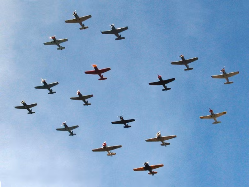 Đội hình kiểu này rất thích hợp khi bay hành trình trong vùng không có địch. Trong trường hợp địch tấn công bất ngờ, đội hình sẽ xé lẻ và tản ra nhanh chóng thành nhiều nhóm nhỏ, quay lại hỗ trợ lẫn nhau. Tuy nhiên, đội hình kiểu này ít được sử dụng khi bay vào khu vực có hệ thống phòng không của đối phương do các phi cơ bay quá sát nhau, dễ bị "chết chùm" do dính hỏa lực phòng không hoặc đâm nhau khi tránh hỏa lực đối phương. Nguồn ảnh: Falcon.