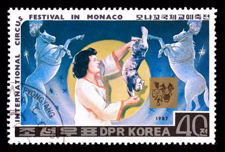 Một con tem mang con dấu của Bình Nhưỡng được phát hành nhân dịp Liên hoan xiếc quốc tế tại Monaco năm 1987.