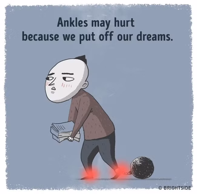 Đau ở mắt cá chân: Cảm giác đau đớn ở mắt cá chân có thể là hậu quả của việc chúng ta quên đi bản thân mình và không tận hưởng đủ niềm vui trong cuộc sống. Ảnh: Brightside.