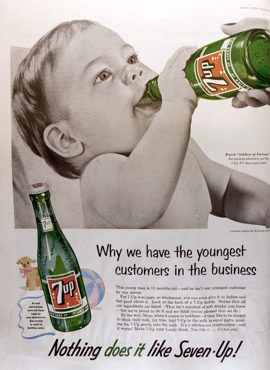 Vào những năm 1950, 7-Up tung quảng cáo gây sốc khi khuyến khích các bà mẹ cho trẻ ăn đồ uống có đường.