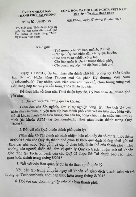 Hai Phong gui van ban “uu tien” Techcombank: Pham luat canh tranh?
