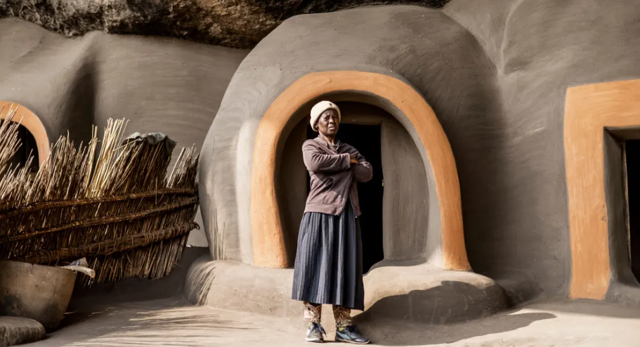 Malefakome, 54 tuổi, đứng trước những ngôi nhà. Các hang động trở thành nơi ẩn náu của các thành viên của gia tộc Basia và Bataung vào thế kỷ 19, khi xung đột và hạn hán nghiêm trọng tàn phá khu vực này.