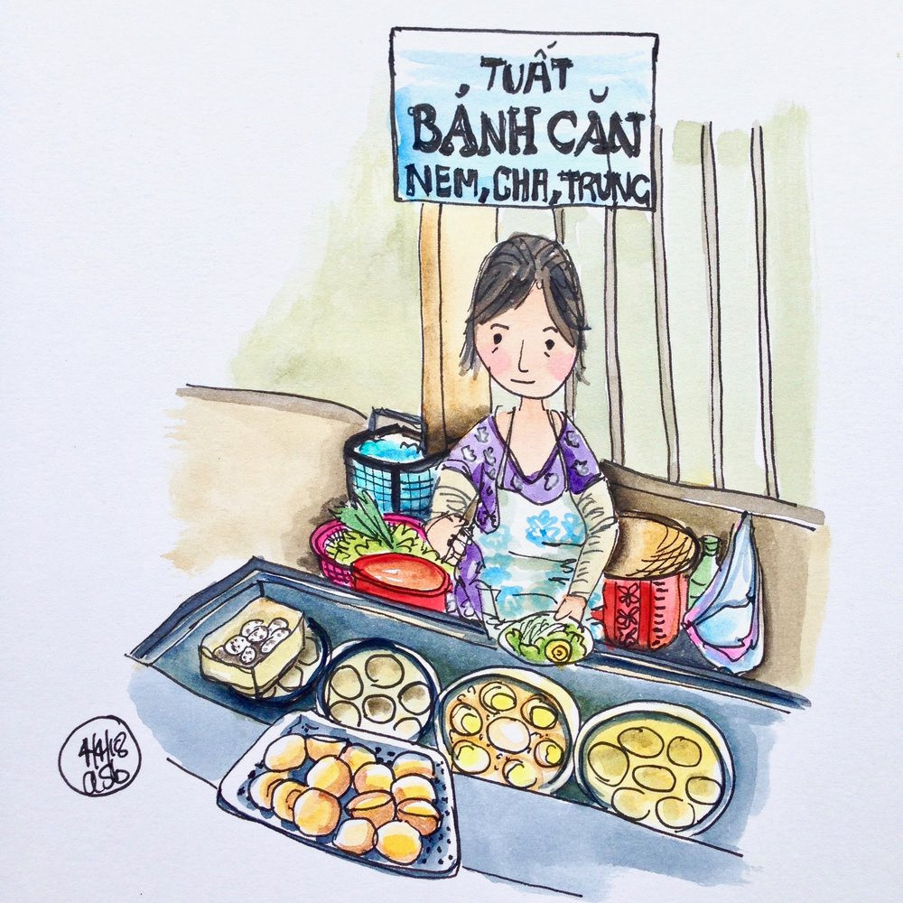 Barnes thích nhất bức vẽ cô Tuất, một người bán bánh căn ở Hội An. "Tôi vẽ về cô Tuất mọi lúc mỗi khi có dịp đến Hội An, khoảng 6 lần/năm. Cô chỉ muốn bán đồ cho người bản địa nên đã chuyển quán khỏi trung tâm thành phố. Tôi luôn khiến cô Tuất phát cáu vì chuyện vẽ tranh. Tôi phải hứa với cô không tiết lộ chỗ này cho du khách khác. Dù vậy, cô ấy chắc không tin tôi đâu", Barnes kể.