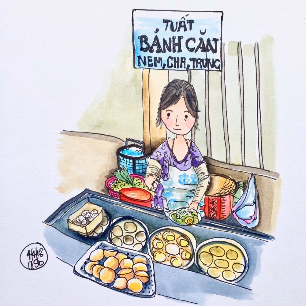 Barnes thích nhất bức vẽ cô Tuất, một người bán bánh căn ở Hội An. "Tôi vẽ về cô Tuất mọi lúc mỗi khi có dịp đến Hội An, khoảng 6 lần/năm. Cô chỉ muốn bán đồ cho người bản địa nên đã chuyển quán khỏi trung tâm thành phố. Tôi luôn khiến cô Tuất phát cáu vì chuyện vẽ tranh. Tôi phải hứa với cô không tiết lộ chỗ này cho du khách khác. Dù vậy, cô ấy chắc không tin tôi đâu", Barnes kể.