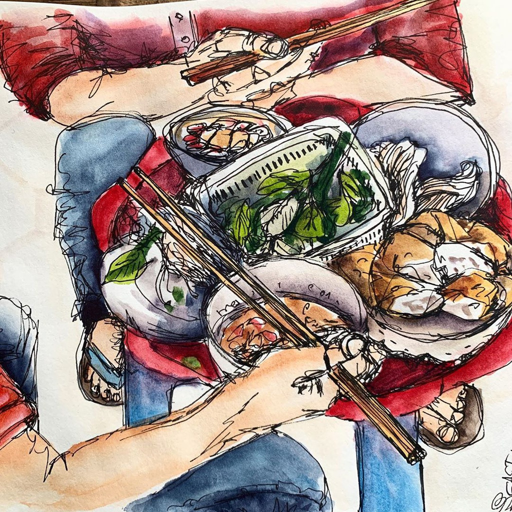 Đến Việt Nam, Barnes không quên thưởng thức món đặc sản "bốc mùi" mang tên bún đậu mắm tôm. "Tôi biết mình đã nói về món này quá nhiều rồi nhưng nó hoàn toàn xứng đáng để thử. Đó là một bữa ăn siêu ngon", cô chia sẻ về bức vẽ.