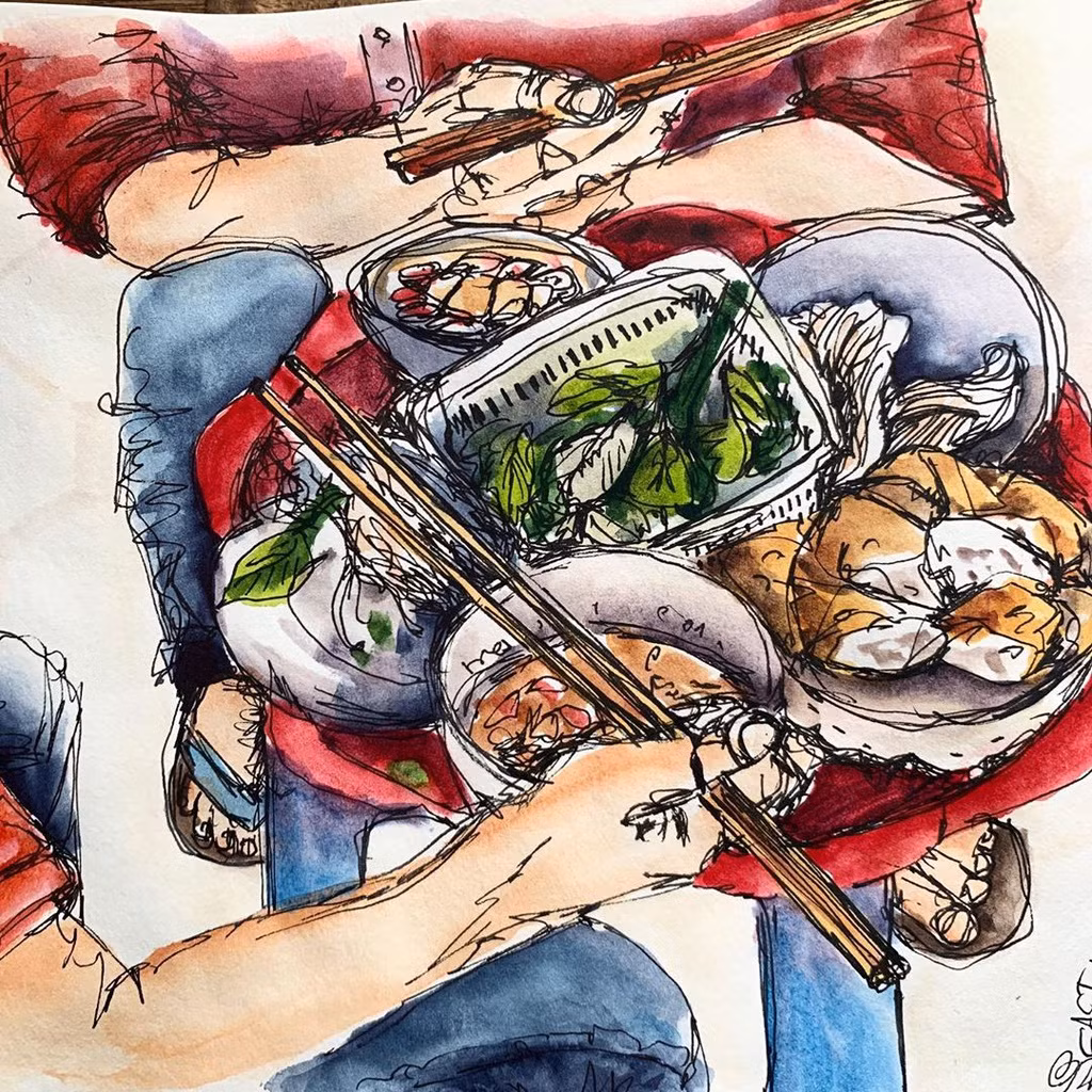 Đến Việt Nam, Barnes không quên thưởng thức món đặc sản "bốc mùi" mang tên bún đậu mắm tôm. "Tôi biết mình đã nói về món này quá nhiều rồi nhưng nó hoàn toàn xứng đáng để thử. Đó là một bữa ăn siêu ngon", cô chia sẻ về bức vẽ.