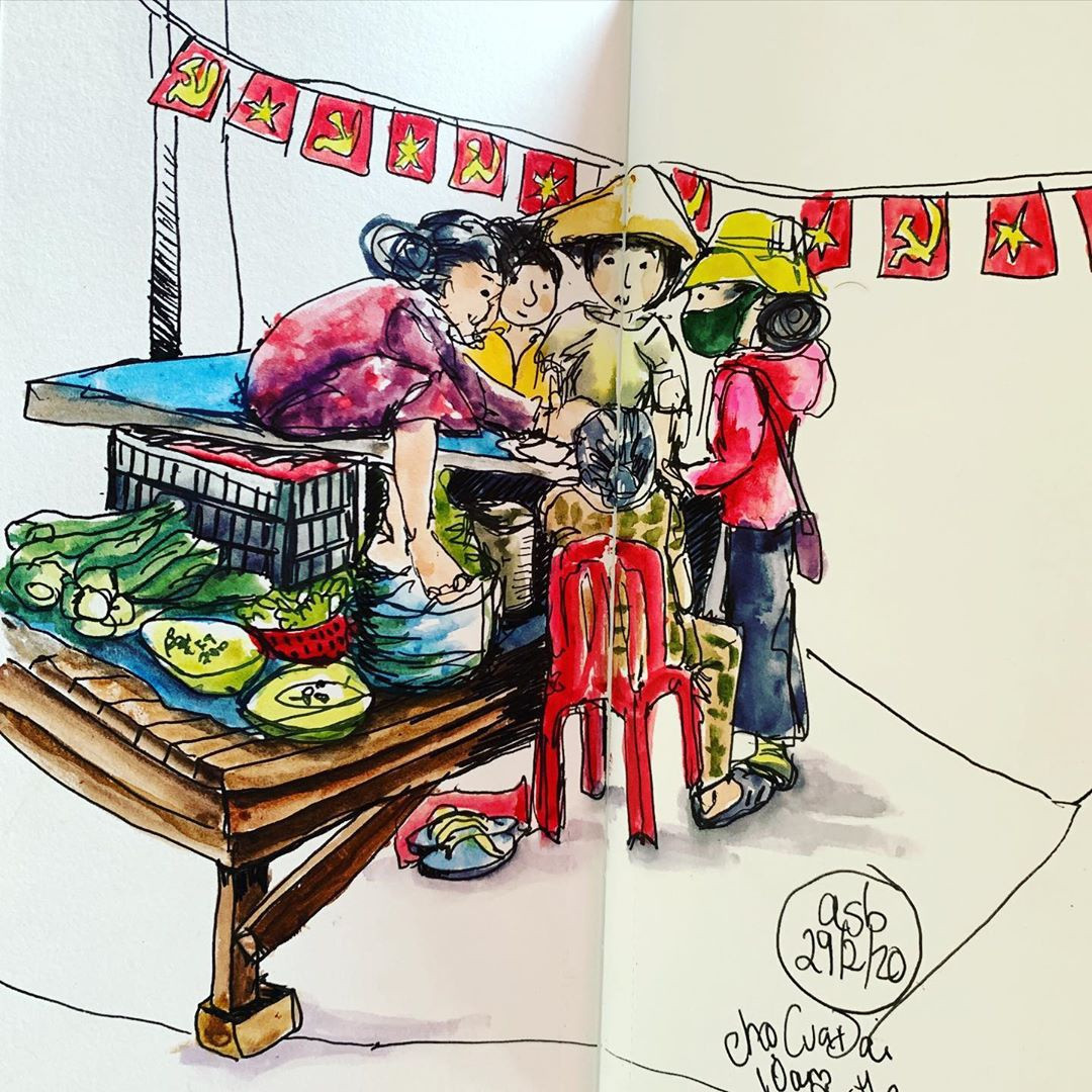 Chia sẻ với Zing, Barnes nói lý do cô bắt đầu những bức vẽ về Việt Nam bắt nguồn từ nỗi sợ các phương tiện giao thông. "Con trai tôi cứ chạy nhảy khắp nơi. Ở đây, tôi không cảm thấy an toàn khi nhìn những chiếc xe máy đi trên lề đường. Do đó, tôi chụp lại những bức ảnh về chợ, người bán hàng... Khi về nhà, tôi dành thời gian ngẫm lại điều gì đã xảy ra bằng cách tái hiện chúng qua tranh", cô cho biết.