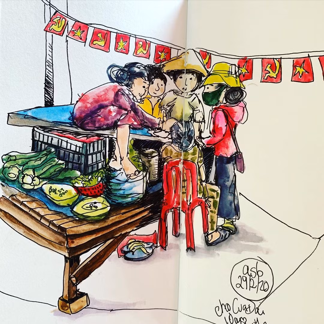 Chia sẻ với Zing, Barnes nói lý do cô bắt đầu những bức vẽ về Việt Nam bắt nguồn từ nỗi sợ các phương tiện giao thông. "Con trai tôi cứ chạy nhảy khắp nơi. Ở đây, tôi không cảm thấy an toàn khi nhìn những chiếc xe máy đi trên lề đường. Do đó, tôi chụp lại những bức ảnh về chợ, người bán hàng... Khi về nhà, tôi dành thời gian ngẫm lại điều gì đã xảy ra bằng cách tái hiện chúng qua tranh", cô cho biết.