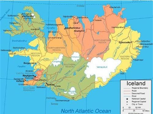 Iceland là một trong những quốc gia thưa dân nhất thế giới thuộc khu vực châu Âu. Dù gần vòng Cực Bắc, đất nước Bắc Âu nhỏ bé này lại có khí hậu khá ôn hòa do nằm trên vành đai núi lửa Đại Tây Dương với rất nhiều núi lửa, suối nước nóng và dòng hải lưu Gulf Stream. Ảnh: World Maps Collection.
