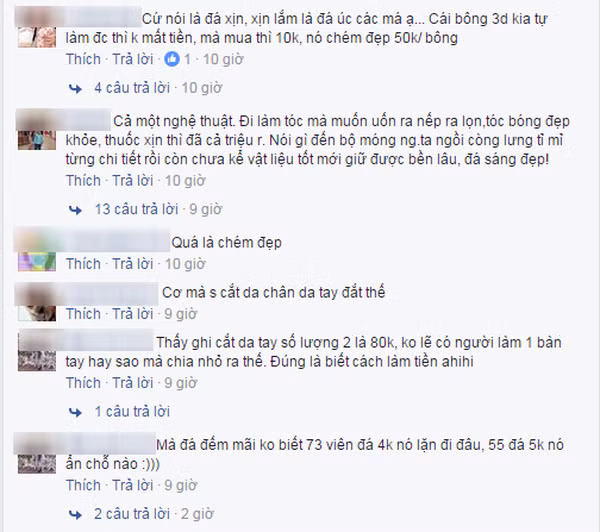 Theo như lý giải của những người sành sỏi, vì tiệm làm nail đó nổi tiếng, chất lượng dịch vụ được xếp hạng uy tín nên 2 triệu cũng không phải là cái giá quá đắt. Tuy nhiên câu trả lời này có vẻ như chưa đủ để xoa dịu tâm lý của nhiều người. Một số tài khoản cho hay, vị khách này đã bị chủ tiệm “chém” đẹp, bằng số tiền như vậy, họ có thể làm cả chục bộ móng tay cũng lung linh, sang trọng y như vậy.