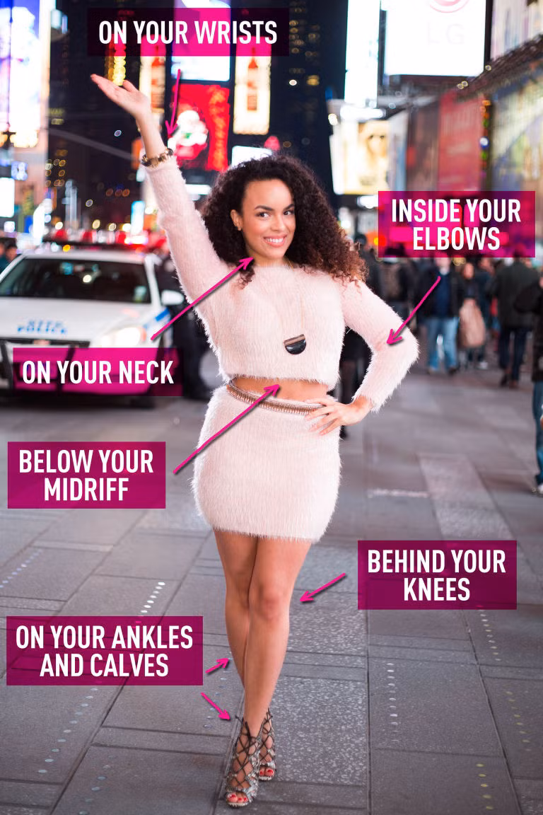  Bạn có thể không biết rằng những vùng như mắt cá chân, sau đầu gối, vùng rốn, cổ, khuỷu tay...là điểm giữ mùi hương hiệu quả nhất. 