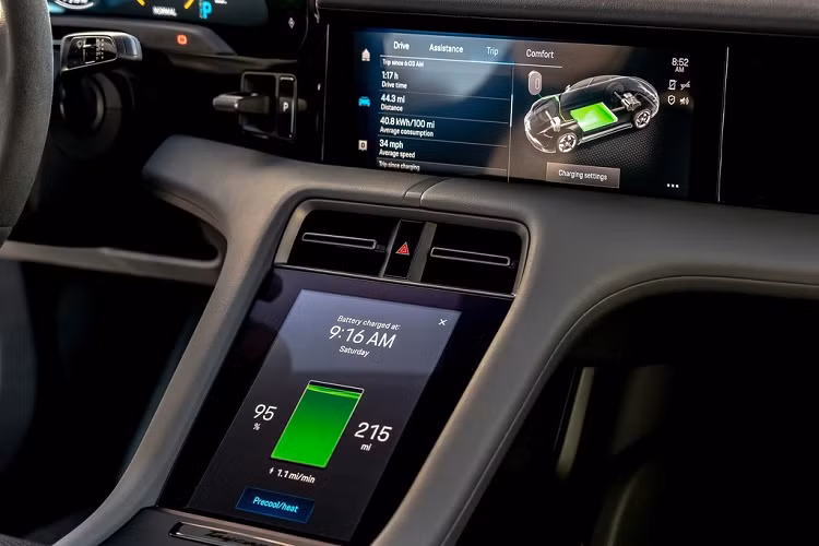 Ở bên trong, Taycan được trang bị nhiều màn hình cỡ lớn, gồm màn hình 16,8 inch cho người lái, màn hình thông tin giải trí cảm ứng 10,9 inch, màn hình 8,4 inch điều khiển điều hòa tại trung tâm. Các tùy chọn thêm bao gồm màn hình 10,9 inch trước ghế phụ và màn hình cảm ứng 5,9 inch cho hàng ghế sau.