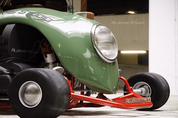 Đèn trước, đèn hậu và gương chiếu hậu của xe đều là những bộ phận nguyên bản, được lấy trực tiếp từ chiếc Volkswagen Beetle Type 1.