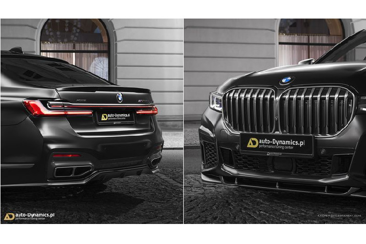 Quan sát kỹ phía trước, chiếc BMW M760Li xDrive đã được làm lại cản trước, ốp hông cũng mới, bộ khuếch tán phía sau có 3 vây và hai cánh lướt gió (một trên mái và một trên nắp cốp) đều thuộc bodykit mới của nhà độ Ba Lan.