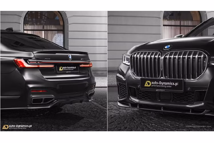 Quan sát kỹ phía trước, chiếc BMW M760Li xDrive đã được làm lại cản trước, ốp hông cũng mới, bộ khuếch tán phía sau có 3 vây và hai cánh lướt gió (một trên mái và một trên nắp cốp) đều thuộc bodykit mới của nhà độ Ba Lan.
