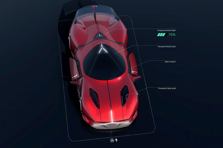 Đúng như tên gọi Redsun (mặt trời đỏ), xe có màu sơn đỏ nổi bật và vận hành hoàn toàn bằng năng lượng mặt trời. Các tấm pin mặt trời trong suốt được tích hợp vào cửa sổ trời và đặt trên nắp capo. Đèn báo lượng pin còn lại nằm ở phía đuôi. Bên cạnh đó, hai tấm pin trên thân sẽ tự động mở ra để tích trữ năng lượng khi chủ nhân đỗ xe.