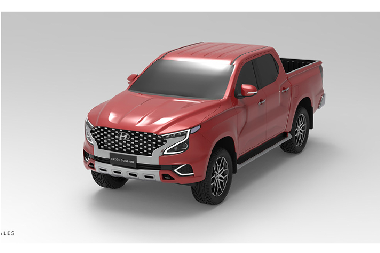 Phần đầu Hyundai Tarlac nổi bật với cụm lưới tản nhiệt cỡ lớn, đèn pha tách rời được kết hợp bởi các đèn LED ban ngày tạo hình chữ Z.