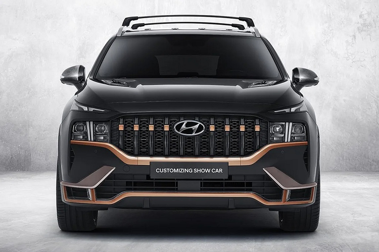 Diện mạo của SantaFe N-Performance trông mạnh mẽ và hầm hố hơn khi lưới tản nhiệt dạng tổ ong nguyên bản được thay thế bằng thiết kế gồm nhiều thanh kim loại cỡ lớn xếp theo chiều dọc. Đi cùng với đó, các chi tiết viền mặt ca-lăng và cản trước tạo hình sắc sảo hơn và sơn màu vàng cát Sahara Beige. Ngoài ra, trên nắp capô xuất hiện thêm 2 chi tiết hốc hút gió làm từ vật liệu sợi carbon.