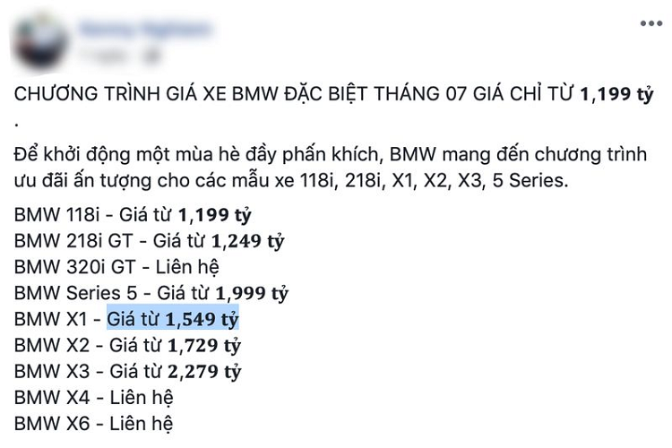 Tuy nhiên, việc giảm giá BMW X1 mới lần này của hãng chỉ áp dụng với phiên bản sDrive18i xLine, đối với phiên bản nâng cấp sDrive18 xLine LCI vẫn giữ nguyên mức giá cũ là 1,859 tỷ đồng.