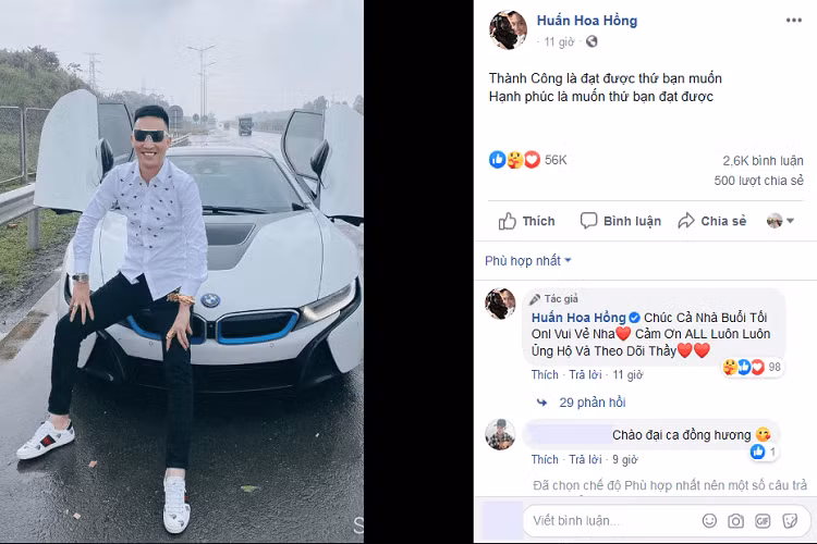 Sau đó, Huấn "hoa hồng" đã đăng tải hình ảnh ngồi trước đầu xe BMW i8 đang đỗ ở làn đường khẩn cấp tại cao tốc Hà Nội - Thái Nguyên. Bức ảnh này sau đó được hơn 56 nghìn lượt likes và hàng trăm bình luận của cộng đồng mạng chỉ sau chưa đầy 12 giờ đăng tải. Trong đó, có không ít người tỏ ra bức xúc khi Huấn "hoa hồng" ngang nhiên dừng xe BMW i8 trên cao tốc chỉ để chụp ảnh câu likes.