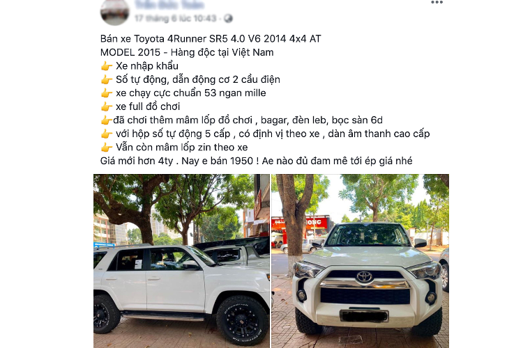 Toyota 4Runner phiên bản SR5 này sử dụng động cơ Xăng V6 dung tích 4.0L, DOHC, hút khí tự nhiên (N/A) cho công suất tối đa 270 mã lực tại 5.600 vòng/phút và mô-men xoắn cực đại 376Nm từ 4.400 vòng/phút.