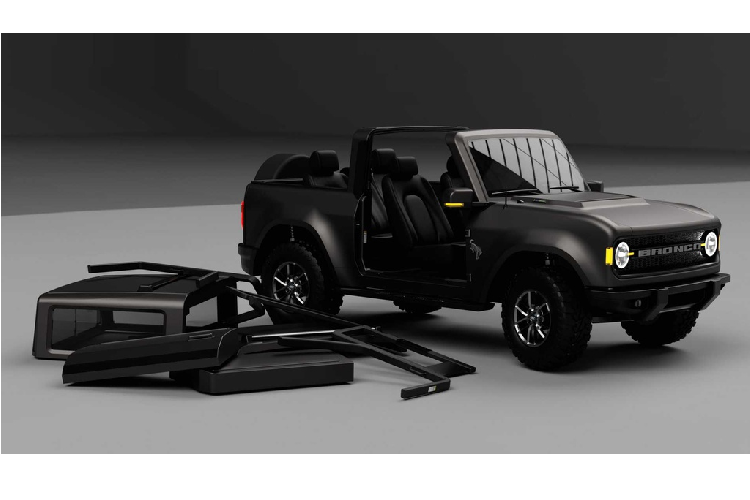 Phần đầu xe nổi bật với cụm đèn pha LED dạng tròn. Đèn xi nhan màu hổ phách dọc 2 bên đèn pha và ở kính chiếu hậu. Lưới tản nhiệt cỡ lớn chia làm 2 bởi logo Bronco kéo dài. Mui xe có thể tháo rời.