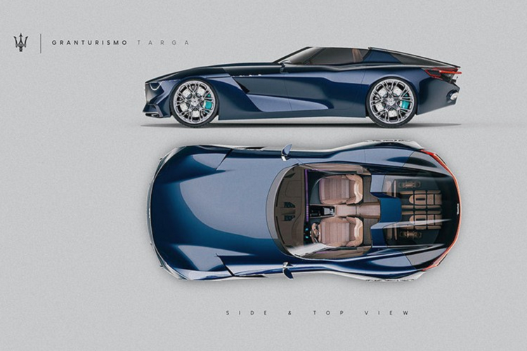Lấy nguồn cảm hứng từ Maserati 5000GT cổ điển, GranTurismo Targa có thiết kế nóc xe nổi kết hợp với phần nóc có thể tháo rời, mũi xe dài thể thao và bố cục động cơ phía trước tương phản với MC20 động cơ đặt giữa, qua đó tạo nên tỷ lệ kích thước tuyệt đẹp. Như được thể hiện trong các bản phác thảo thiết kế, Piccarini mong muốn làm cho mẫu concept trở nên sang trọng và thể thao đồng thời cũng nhìn lại di sản của Maserati.