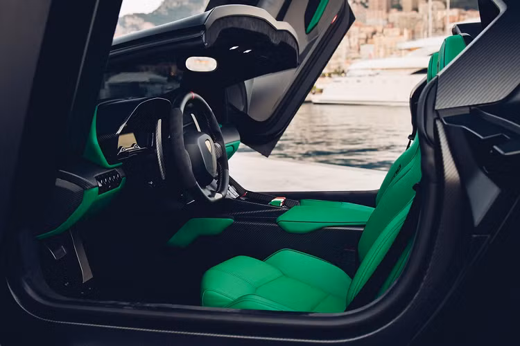 Chiếc Lamborghini Veneno Roadster đấu giá này được sơn đen bóng. Nội thất kết hợp giữa đen và xanh.