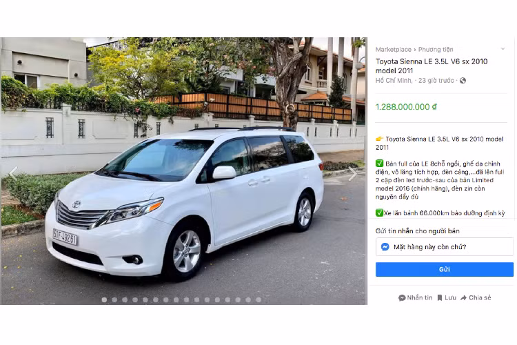 Dẫu vậy, người yêu thích Sienna có thể dễ dàng tìm đến xe cũ đời 2011 như chiếc dưới đây có giá bán 1,28 tỷ đồng. Mức giá xe Toyota Sienna 2010 trong bài viết này thậm chí còn cao hơn so với lựa chọn “đập hộp” chiếc Kia Sedona máy dầu 2.2L có giá khoảng 1,189 tỷ đồng.