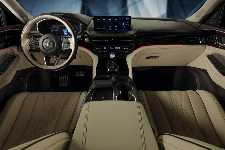 Phong cách thiết kế cao cấp của Acura MDX Concept tiếp tục được áp dụng cho không gian nội thất bên trong xe. Tại đây, người lái sẽ tìm thấy chất liệu da Milano, những điểm nhấn màu bạc đánh bóng và gỗ ốp sang trọng. Ngoài ra, mẫu xe concept này còn có ghế ngồi phong cách với chỉ khâu tạo hình mềm mại.
