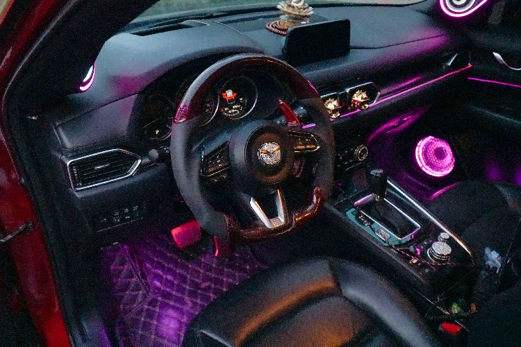 Nội thất trang trí bằng của xe trở nên lung linh hơn với hệ thống đèn LED bắt mắt. Ngoài ra còn có nhiều chi tiết được làm bằng carbon.