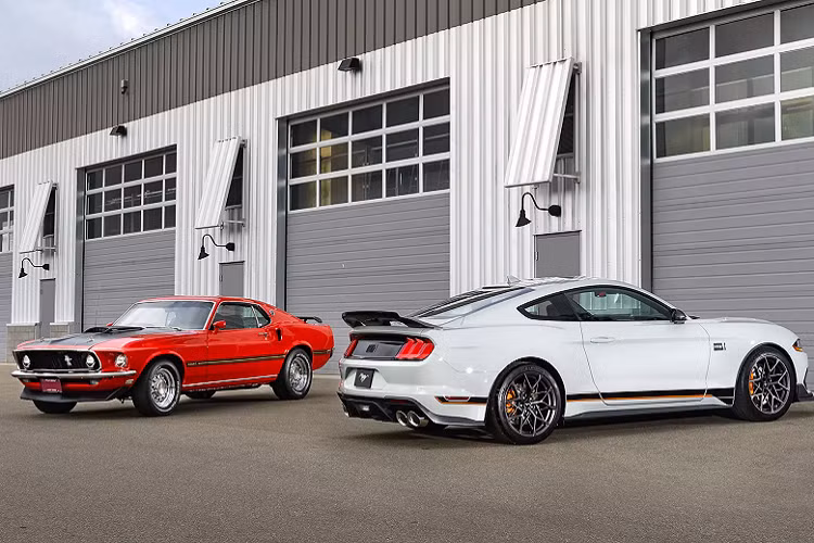 So với các phiên bản thông thường và phiên bản hiệu năng cao Shelby, Mustang phiên bản Mach 1 dễ dàng phân biệt với nắp ca-pô và nắp cốp phía sau được trang trí với logo “Mach 1”. Các sọc trang trí bên hông và mui xe màu đen với nhiều điểm nhấn phản quang với 3 màu: Đỏ, Trắng và Cam. Lưới tản nhiệt mới, trang bị bộ khuếch tán của Shelby GT500 với 4 ống xả. “Dàn chân” đi kèm với bộ mâm 5 chấu kích thước 19 inch. Mustang Mach 1 được cung cấp nhiều lựa chọn màu sơn ngoại thất bao gồm: Xám (Fighter Jet Gray), Bạc, Đen bóng, Trắng, Xanh, Cam, Đỏ và Vàng.