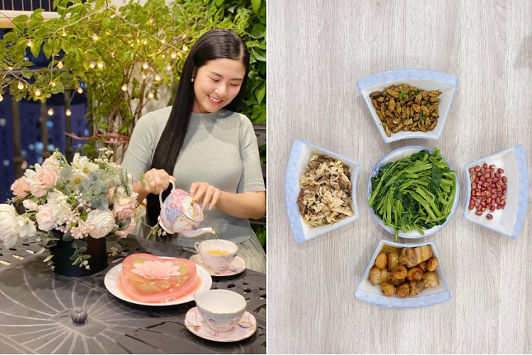 Trong những ngày hạn chế ra ngoài, Hoa hậu Ngọc Hân cũng tìm niềm vui trong gian bếp nhỏ. Không chỉ nấu những bữa ăn hàng ngày, cô còn học làm bánh thạch để tặng người thân. Ngọc Hân chia sẻ trước đây công việc bận rộn, cô không thích vào bếp nấu và dọn dẹp. Nhưng gần đây, cô được truyền cảm hứng nấu ăn trở lại. 