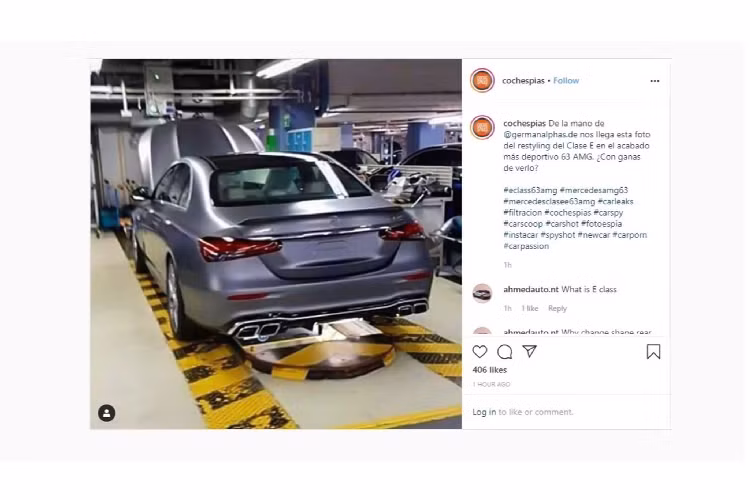 Bên cạnh hình ảnh ¾ phần đầu xe E-Class mới, hình ảnh phiên bản hiệu năng cao E63 facelift cũng bị rò rỉ trước ngày ra mắt, hình ảnh này được đăng tải trên tài khoản Instagram của Cochespias.