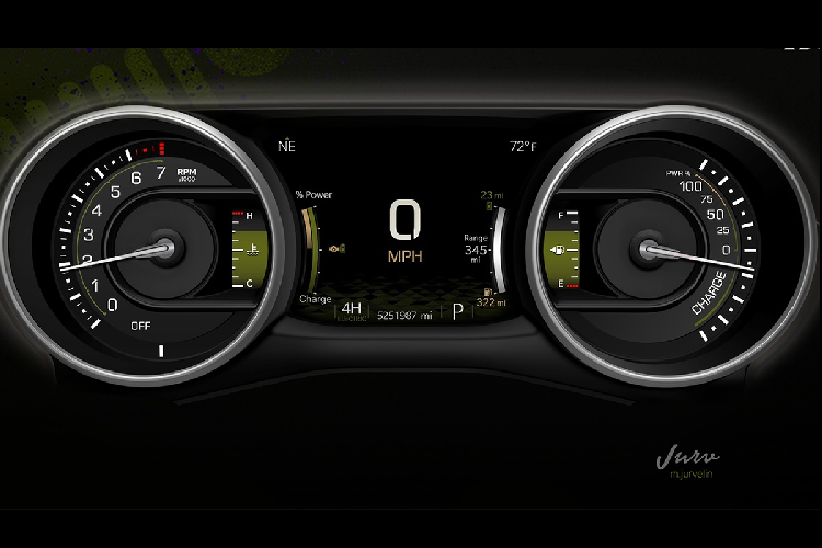 Ở model hybrid cắm sạc, Jeep Wrangler có thêm giao diện hiển thị chế độ vận hành của động cơ điện và thông tin dung lượng pin.