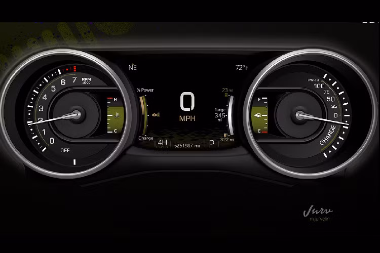 Ở model hybrid cắm sạc, Jeep Wrangler có thêm giao diện hiển thị chế độ vận hành của động cơ điện và thông tin dung lượng pin.