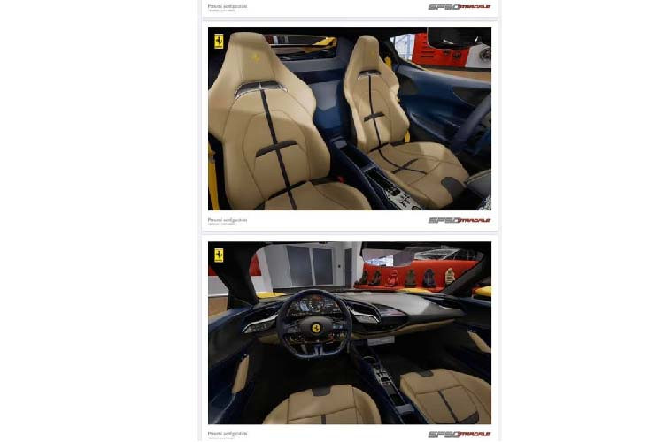 Bước vào không gian cabin, Ferrari SF90 Stradale tiếp tục lấy màu vàng làm tông màu chủ đạo. Đi kèm với đó còn là sự kết hợp của các vật liệu cao cấp như carbon màu xanh thời trang. Phong cách thiết kế tổng thể của khoang cabin Ferrari SF90 Stradale mang tới sự đơn giản nhưng đậm nét quyến rũ nhờ thiết kế đầy tinh tế. Mọi chi tiết thừa, các núm bấm vậy lý thô cứng dường như đã bị loại bỏ khỏi siêu phẩm này để nhường chỗ cho các hệ thống giải trí, thông tin hiện đại.