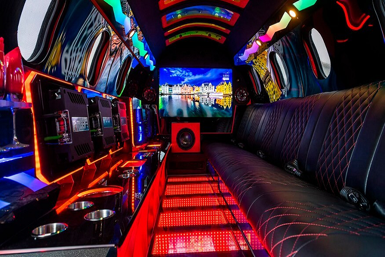 Nằm trong 2 vỏ động cơ bên cạnh thân xe là cặp loa cỡ lớn, có thể tạo ra hiệu ứng âm thanh như động cơ máy bay khi xe chạy trên đường phố. Ở khu vực đuôi xe còn có thêm 4 loa nữa, có thể hạ xuống hoặc gập gọn vào thân xe. Theo ông DeAngelo, hệ thống loa của Limo-Jet có công suất lên đến 17.000 W.