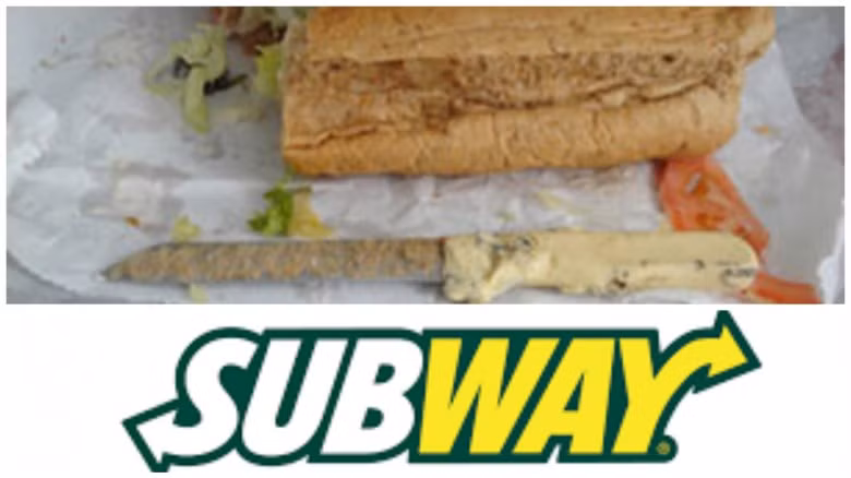 Một trong những thứ gây sốc trong đồ ăn nhanh nữa đó chính là con dao. Một thực khách đến từ New York (Mỹ) từng phát hiện con dao khá dài trong chiếc bánh mì mua của Subway.