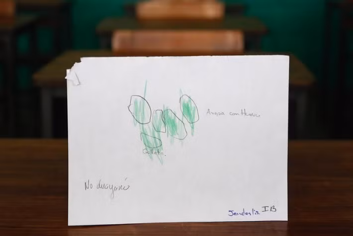 Một học sinh cho biết cậu ăn cơm với đỗ trong cả ba bữa sáng, trưa và tối. Có em viết: “Em ăn bánh ngô với pho mát cả ngày”.