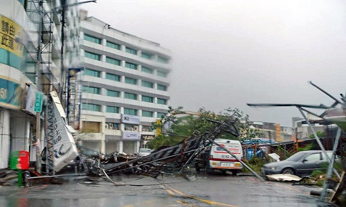 Cây đổ vào chiếc ô tô trên đường. Ảnh TVBS.