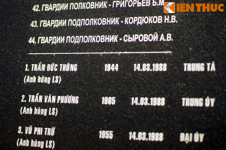 Đứng đầu danh sách bên phía Việt Nam là các anh hùng liệt sĩ lực lượng vũ trang đã hy sinh ngày 14/3/1988 khi bảo vệ chủ quyền của Tổ quốc tại quần đảo Trường Sa: Trung tá Trần Đức Thông, Trung úy Trần Văn Phương, Đại úy Vũ Phi Trừ…
