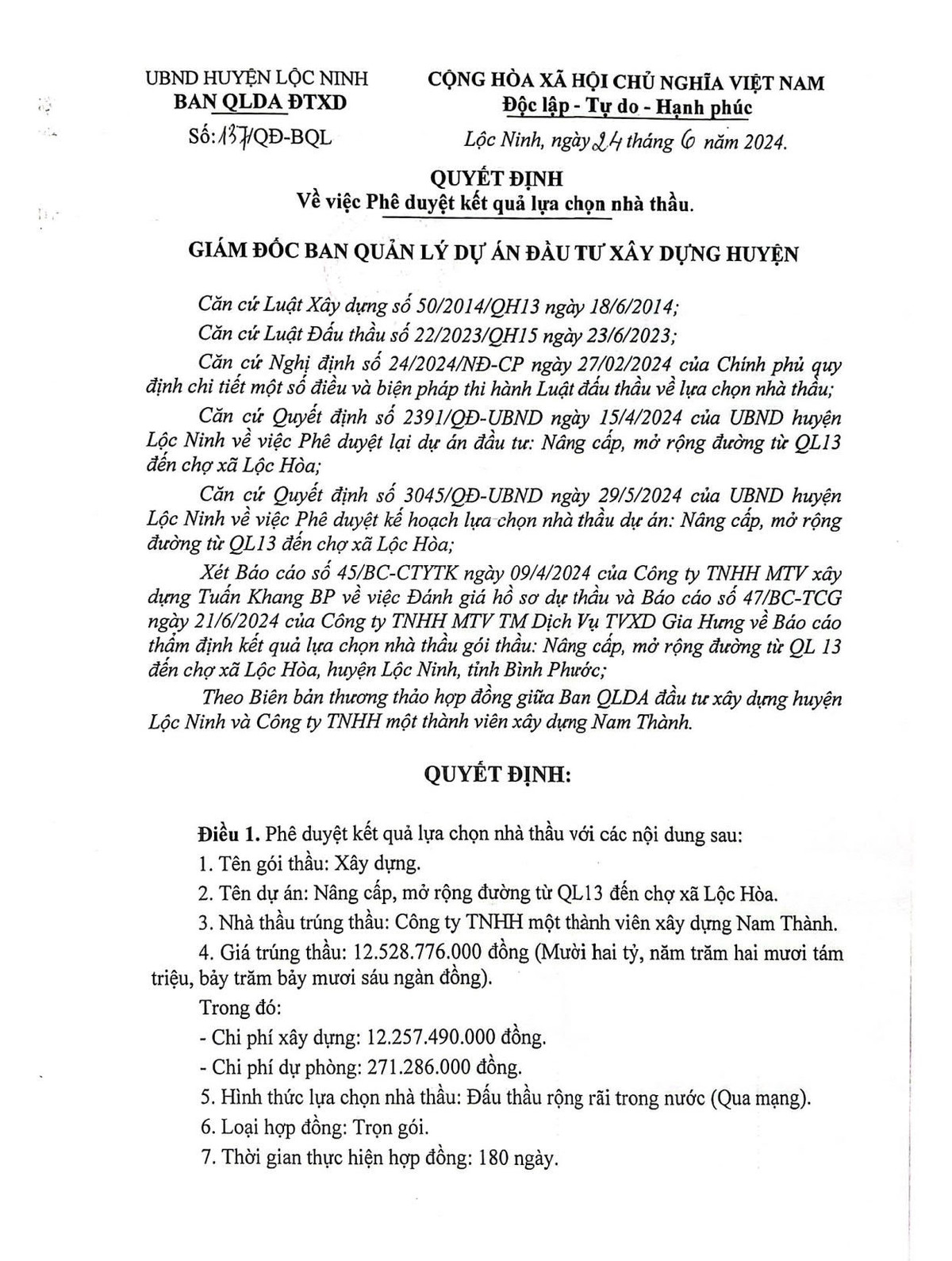 Goi nang cap duong hon 12 ty tai Loc Ninh ve tay Nam Thanh