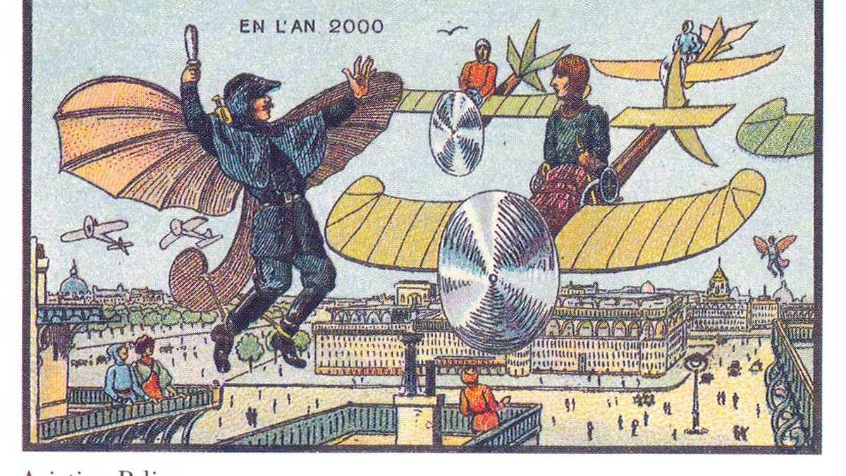 Tiêp đến, người xưa dự đoán thế giới sẽ xuất hiện ô tô bay. Không chỉ có thể di chuyển trên mặt đất, ô tô trong tương lai có thể bay lượn trên bầu trời.