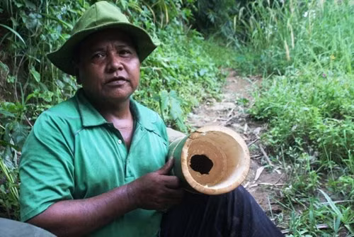 Già làng Hồ Văn Thạch với một khúc tre sau khi đã đục thông lỗ để làm bình đựng nước.