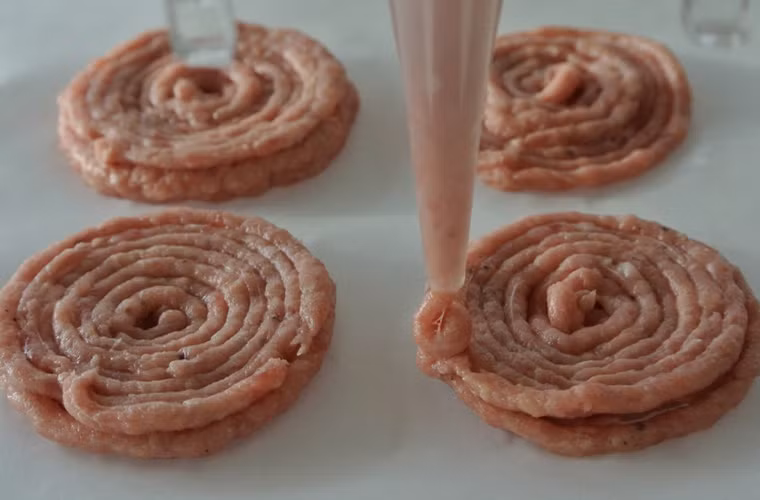 Các thành phần nguyên liệu được nạp vào trong các ống nang bằng thép không gỉ để in ra thành phẩm, chẳng hạn dùng thịt bò để in ra món thịt kẹp này.