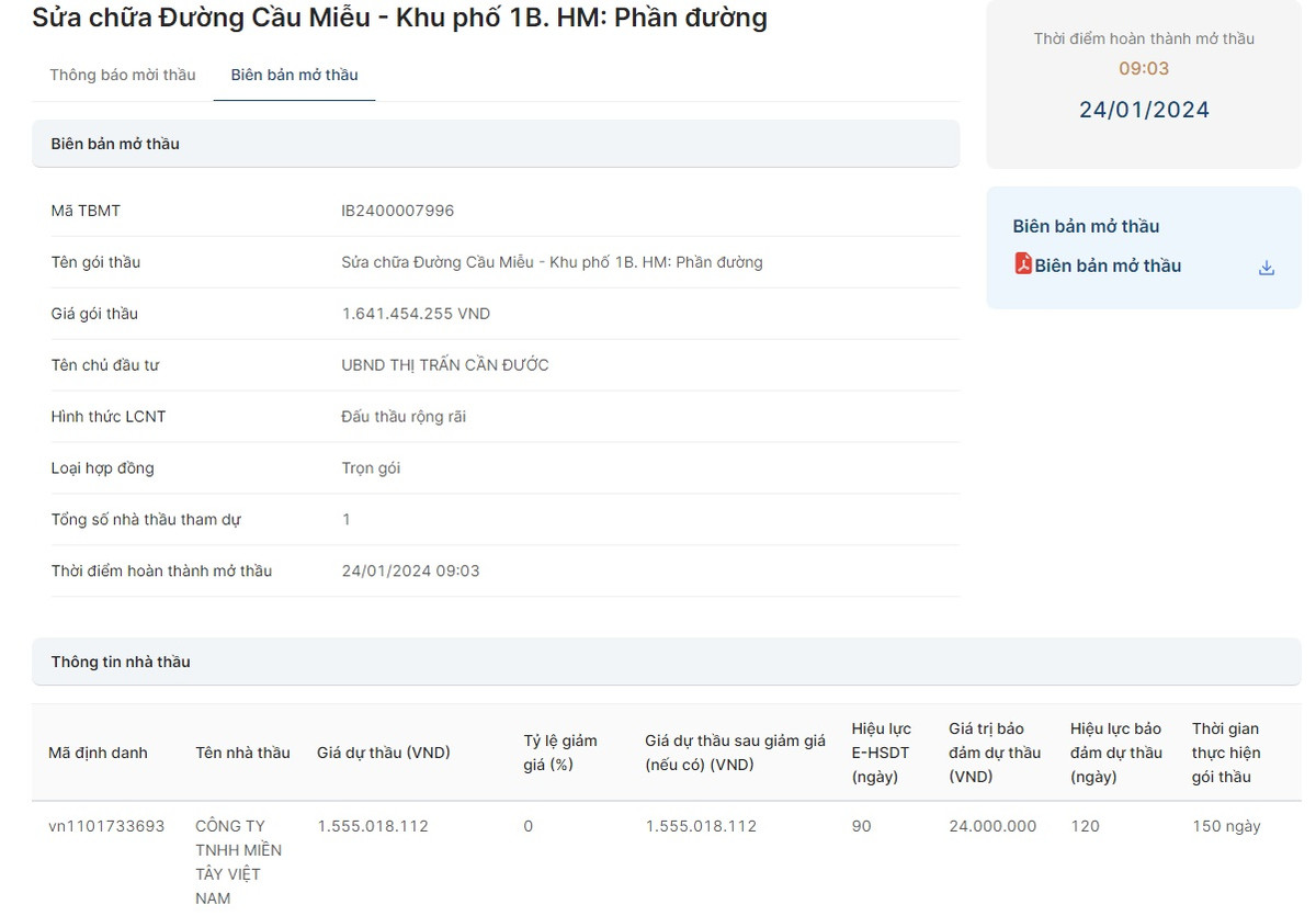 Long An: Gói thầu của UBND thị trấn Cần Đước, 1 nhà thầu tham dự Long An: Goi thau cua UBND thi tran Can Duoc, 1 nha thau tham du