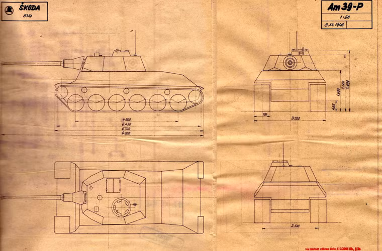 Năm 1945, Quân đội Tiệp Khắc đã đưa ra cho giới kĩ sư yêu cầu một chiếc xe tăng đa dụng (Tank VšeobecnéhoPoužití - TVP) tương tự T-34-85 thành công Liên Xô. Nó phải có lớp giáp dày 65mm, trang bị pháo 88mm và tốc độ đạt được là 50km/h. Ảnh: Mẫu thiết kế tăng Škoda T 40 trên giấy.