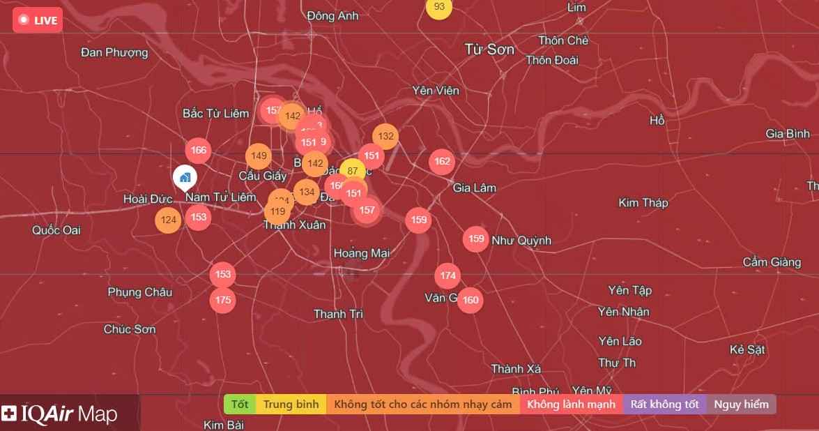 Chat luong khong khi Ha Noi ngay 18/2: Nhieu khu vuc muc mau cam